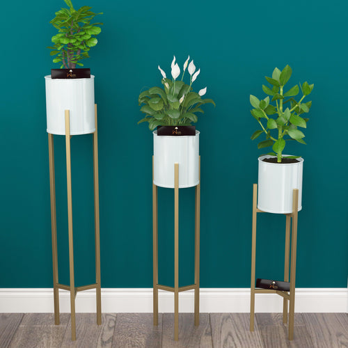 Metal Plant Stand Rack for Indoor & Outdoor (Golden Stand, White Planter Set Of 3) - Bloomart