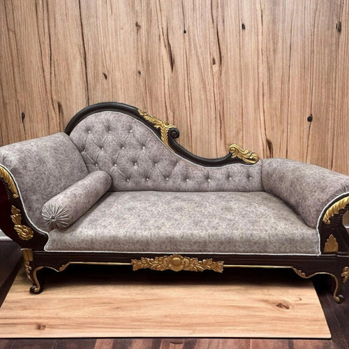 Bloomart Savour Designer Hand Carved Teak Wood Button Tufted Chaise Lounge