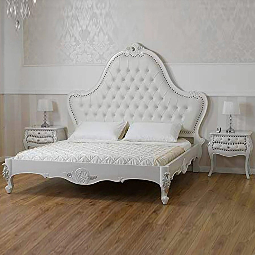 Bloomart Bryanna Style Hand Carved Teak Wood King Size Bed with Walnut Finish, Gold Leaf Crystal Button PU Leather Upholstery for Elegant Luxury Bedroom