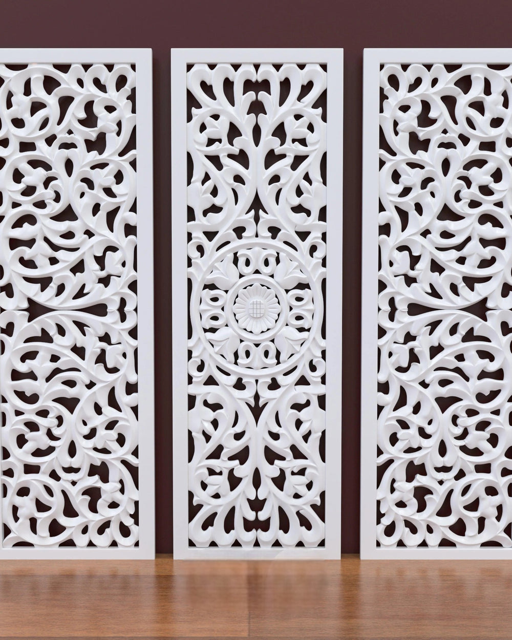 Premium Wooden Decoration Hand Carved 3 Wall Panel (MDF Wood, White)
