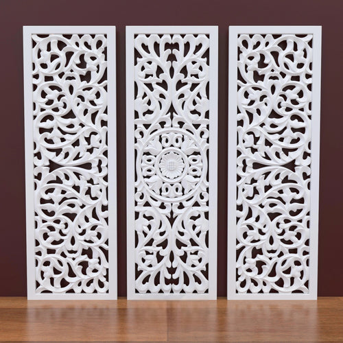 Premium Wooden Decoration Hand Carved 3 Wall Panel (MDF Wood, White)