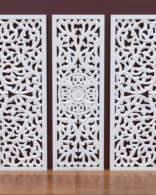 Premium Wooden Decoration Hand Carved 3 Wall Panel (MDF Wood, White)