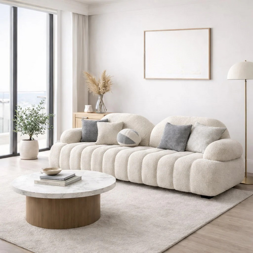 Bloomart ELARA Ribbed Boucle 3-Seater Sofa – Modern Curved Designer Couch for Luxury Living Rooms