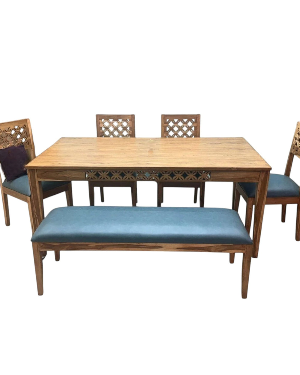 Renton Premium Designer Teak Wood 6 Seater Dining Set with Bench Matte Finish for Dining Room or Kitchen