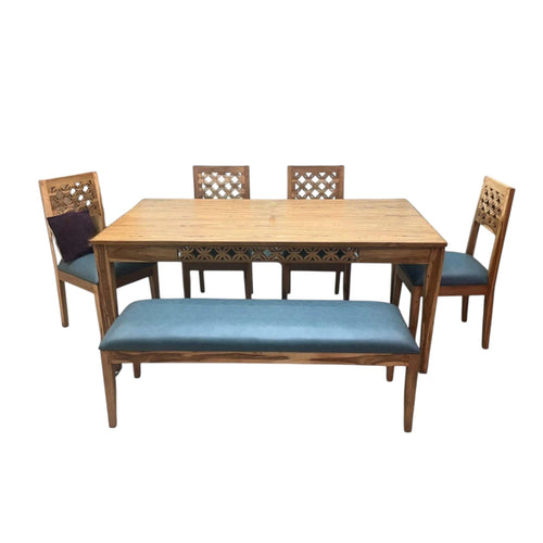 Renton Premium Designer Teak Wood 6 Seater Dining Set with Bench Matte Finish for Dining Room or Kitchen