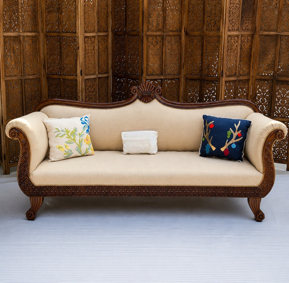 Traditional Wooden 3 Seater  Couch for Home & Office Chaise Lounge Settee (Teak Wood)