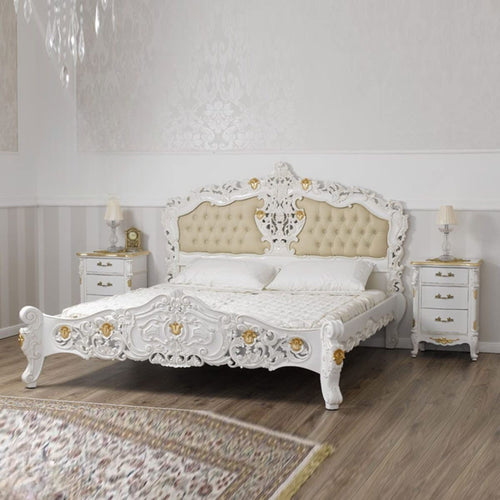Super King Size Teak Wood Bed Heavy Carved with Cushioned Design