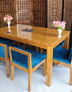 Royal Teak Wood 6 Seater Dining Set In Teal Blue