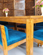 Royal Teak Wood 6 Seater Dining Set In Teal Blue