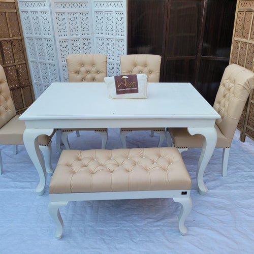 Elegant Teak Wood 6 Seater Dining Set with Bench (Pure White)