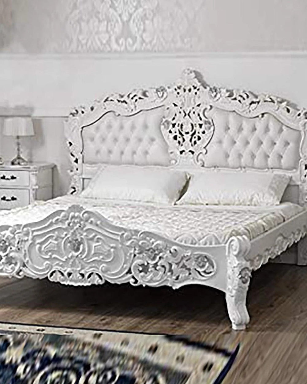 Super king Size Teak Wood Bed Heavy Carved with Cushioned Design