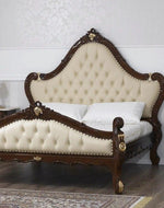 Bloomart Bryanna Style Hand Carved Teak Wood King Size Bed with Walnut Finish, Gold Leaf Crystal Button PU Leather Upholstery for Elegant Luxury Bedroom
