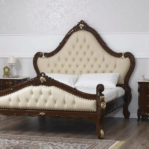 Bloomart Bryanna Style Hand Carved Teak Wood King Size Bed with Walnut Finish, Gold Leaf Crystal Button PU Leather Upholstery for Elegant Luxury Bedroom
