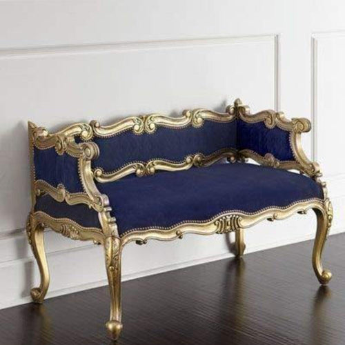 Bloomart Engrave Hand Carved Teak Wood 2 Seater Bench for Living Room ( Blue )