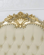 Golden Queen Size Teak Wood Bed Heavy Carved with Cushioned Design