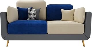 Bloomart Modern Velvet Sofa Set for Living Room | Sofa with Cushion Back & Wooden Legs | Contemporary Sofa Couch Set (Beige & Blue, 2 Seater)