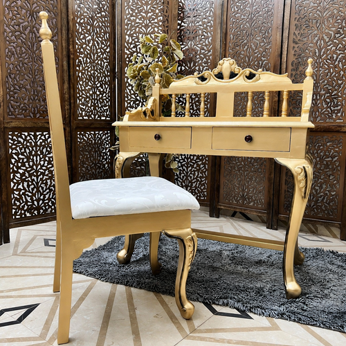 Royal Gold Carved Teak Wood Study Table with Chair