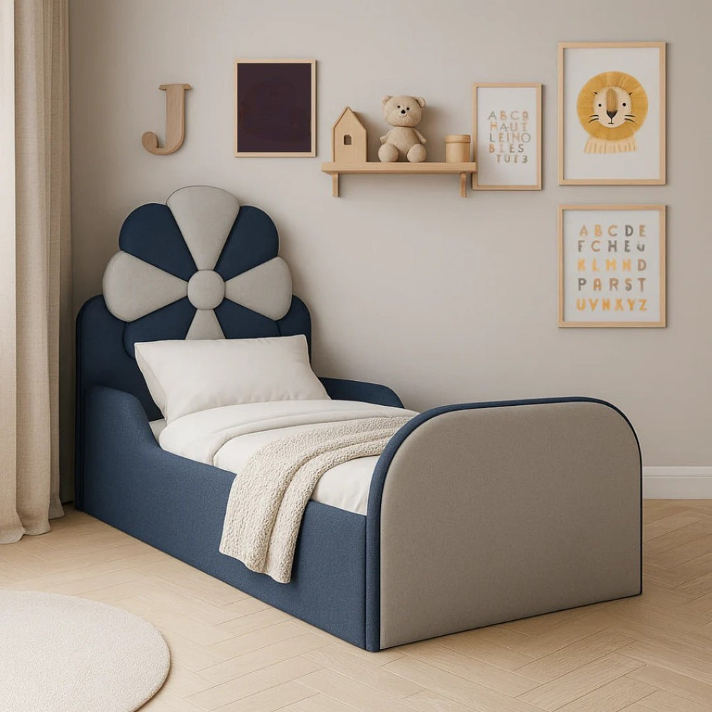Blue Bloomart & Grey Kids Flower Bed Modern Bed with Safety Sides In Soft Fabric