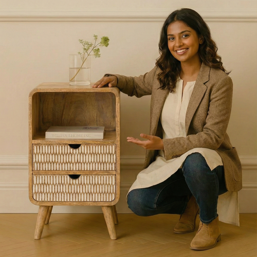 Bloomart Solivne Handmade Stylish Bedside Table with 2 Spacious Storage Drawers for Bedroom & Living Room