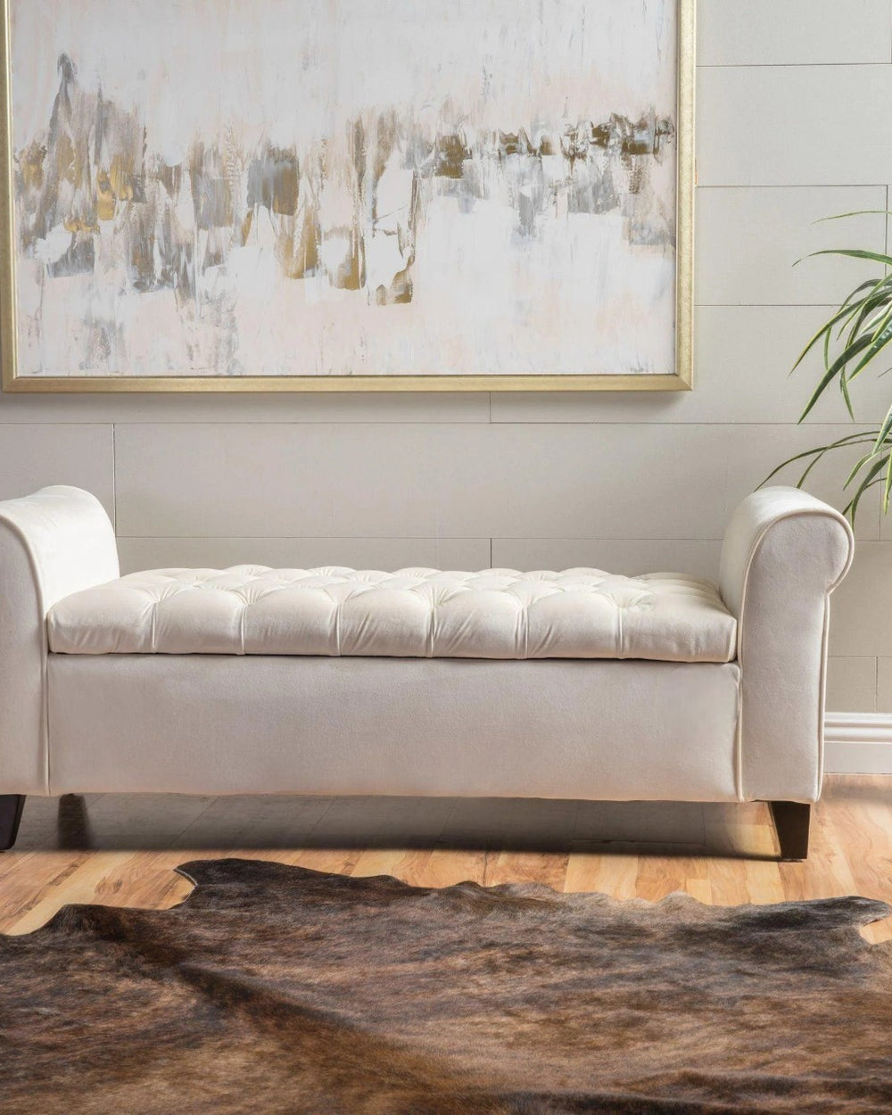 Bloomart Zamansız Button Tufted Design Premium Wood 2 Seater Storage Bench (Ivory)