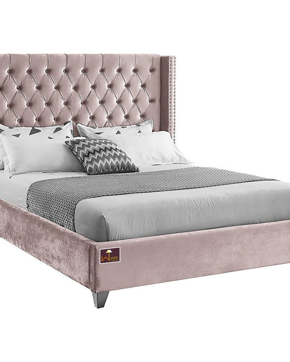 Upholstered Panel Bed Frame with Diamond Tufted and Nailhead Trim Wingback Headboard, Queen Size - WoodenTwist
