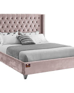 Upholstered Panel Bed Frame with Diamond Tufted and Nailhead Trim Wingback Headboard, Queen Size - WoodenTwist