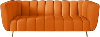 Bloomart Luxury Curved 3 Seater Velvet Sofa | Modern Channel Tufted Couch with Metal Legs for Living Room (Orange, 3 Seater)