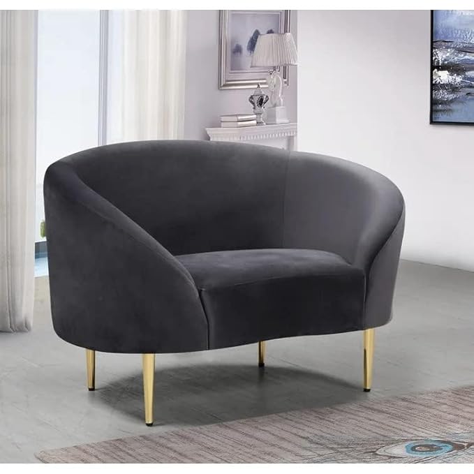 Modern Velvet Curved 2 Seater Sofa - Grey Gold Legs