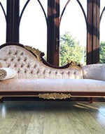 Bloomart Savour Designer Hand Carved Teak Wood Button Tufted Chaise Lounge