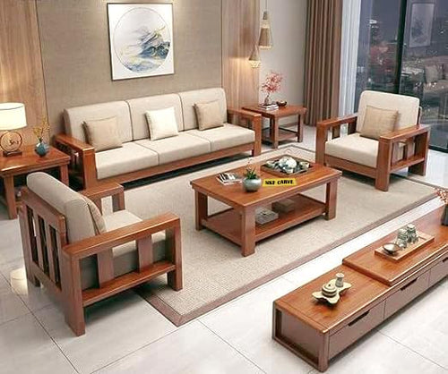 Wooden Sofa Set 5 Seater for Living Room | Sheesham Wood 5 Seater Sofa Set for Home & Office | Solid Wood Sofa Set 5 Seater, Brown Teak Finish