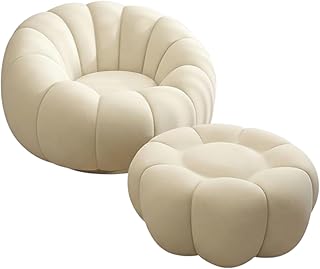 Bloomart Modern Round Pumpkin Design Accent Lounge Chair with Ottoman | Cozy Single Seater Sofa for Living Room & Home (White)