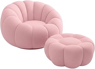 Bloomart Modern Round Pumpkin Design Accent Lounge Chair with Ottoman | Cozy Single Seater Sofa for Living Room & Home (Pink)
