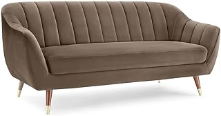 Bloomart Modern 3 Seater Velvet Sofa | Upholstered Fabric Couch for Living Room | Channel Tufted Design with Wooden Legs (Camel)