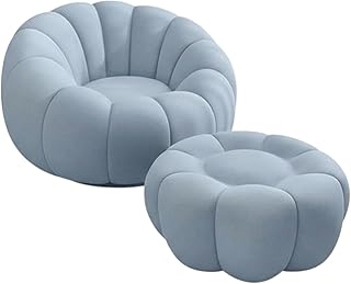 Bloomart Modern Round Pumpkin Design Accent Lounge Chair with Ottoman | Cozy Single Seater Sofa for Living Room & Home (Blue)