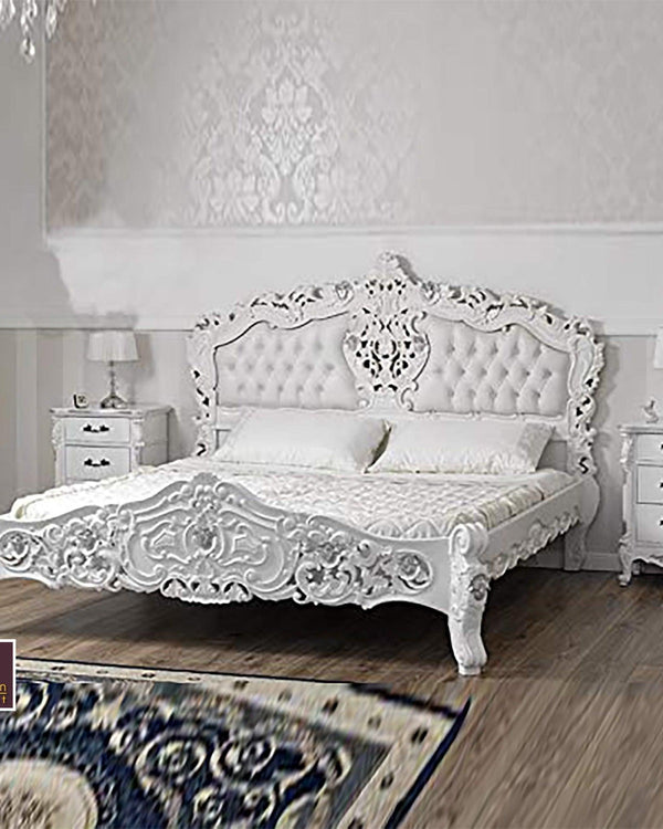 Super king Size Teak Wood Bed Heavy Carved with Cushioned Design - WoodenTwist