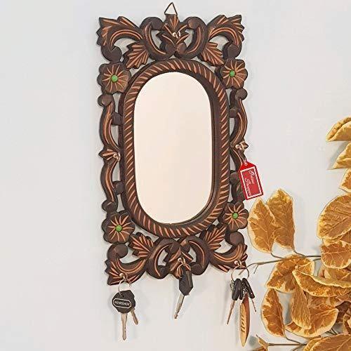 Wooden Antique Oval Shaped Mirror with Key Holder