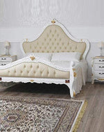 White Queen Size Teak Wood Bed Hand Carved with Cushioned Design - WoodenTwist
