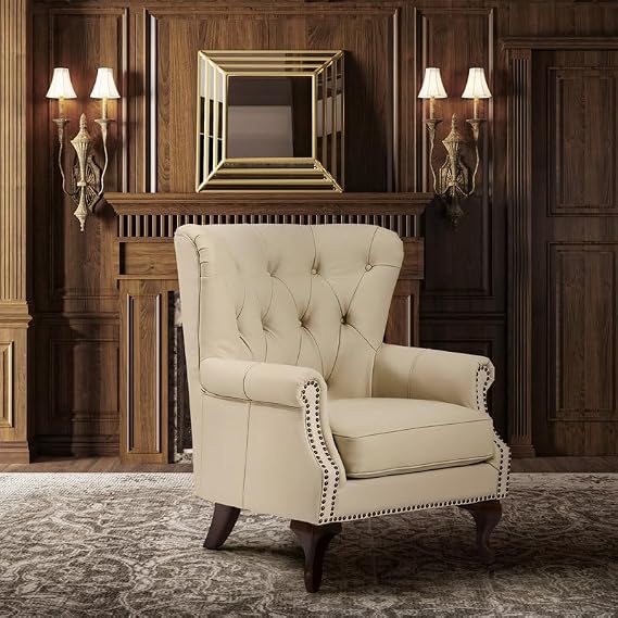 Luxury Chesterfield Wingback Accent Chair | Button Tufted Upholstered Armchair with Nailhead Trim & Solid Wooden Legs