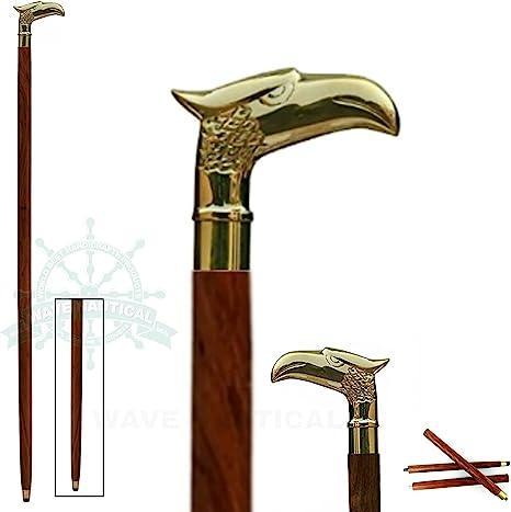 Antique Brass Design Head Handle Vintage Style Wooden Walking Cane Stick