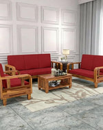 Solid Wood 6 Seater Wooden Sofa Set for Living Room Furniture | 3+2+1 Sofa Set with Center Table | 1 Year Warrenty | Honey Finish with Red Cushions - DIY(Do-It-Yourself)