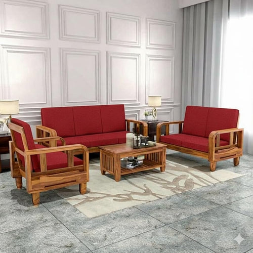 Solid Wood 6 Seater Wooden Sofa Set for Living Room Furniture | 3+2+1 Sofa Set with Center Table | 1 Year Warrenty | Honey Finish with Red Cushions - DIY(Do-It-Yourself)