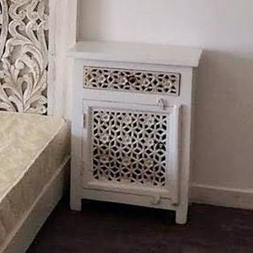 Wooden Handicraft Carved Mango Wood Poster Bed Queen Size (Antique White Finish)