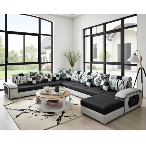 Torque U Shaped 12 Seater Sofa Set for Living Room - Light Grey & Black