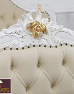 White Queen Size Teak Wood Bed Hand Carved with Cushioned Design