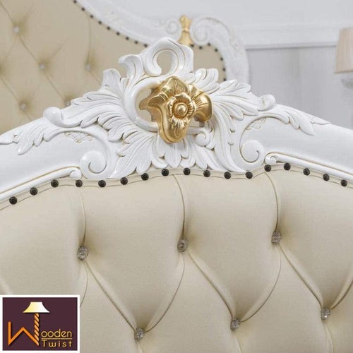 White Queen Size Teak Wood Bed Hand Carved with Cushioned Design