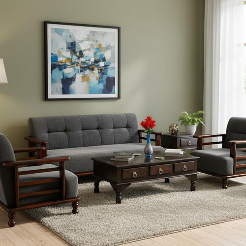 DaneWood Wooden 5 Seater Sofa Set - 3+1+1, for Living Room, Drawing Room, Office & Lounge | Solid Sheesham Wood, Fabric (Brown