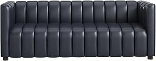 Bloomart Modern Channel Tufted Leather 3 Seater Sofa | Luxury Couch for Living Room, Lounge & Office (Navy Blue)