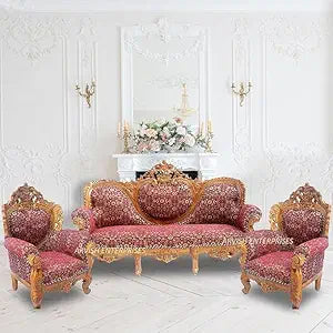 Luxury Antique Sofa Set in a Classic Living Room Setting Solid Teak Wooden Five Seater Sofa Set with Cushion for Living Room | Honey Brown Finish | 208D x 76W x 119H cm (Design3)