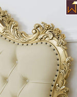 Golden Queen Size Teak Wood Bed Heavy Carved with Cushioned Design