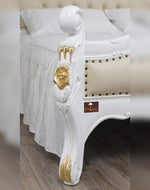White Queen Size Teak Wood Bed Hand Carved with Cushioned Design